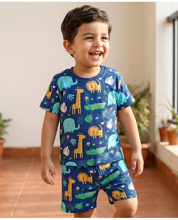 Babyhug Cotton Knit Half Sleeves Co-ords Shorts Night Suit with Jungle Theme Print - Navy Blue