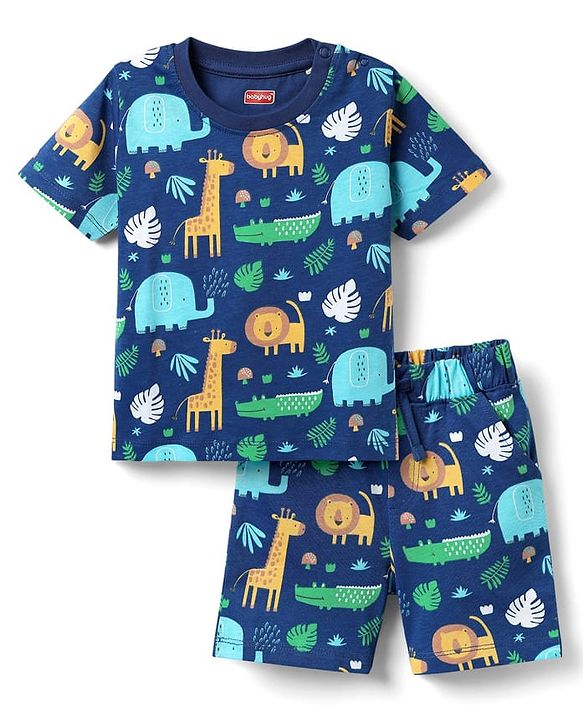 Babyhug Cotton Knit Half Sleeves Co-ords Shorts Night Suit with Jungle Theme Print - Navy Blue