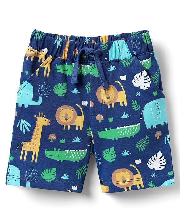 Babyhug Cotton Knit Half Sleeves Co-ords Shorts Night Suit with Jungle Theme Print - Navy Blue