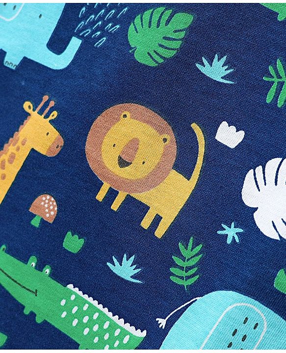 Babyhug Cotton Knit Half Sleeves Co-ords Shorts Night Suit with Jungle Theme Print - Navy Blue