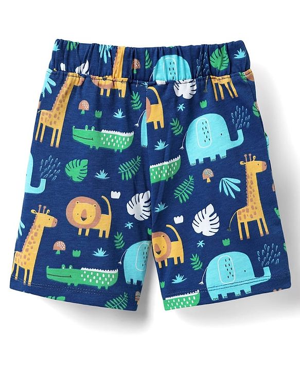 Babyhug Cotton Knit Half Sleeves Co-ords Shorts Night Suit with Jungle Theme Print - Navy Blue