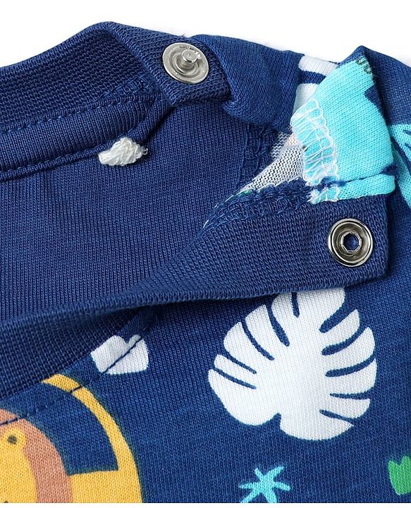Babyhug Cotton Knit Half Sleeves Co-ords Shorts Night Suit with Jungle Theme Print - Navy Blue