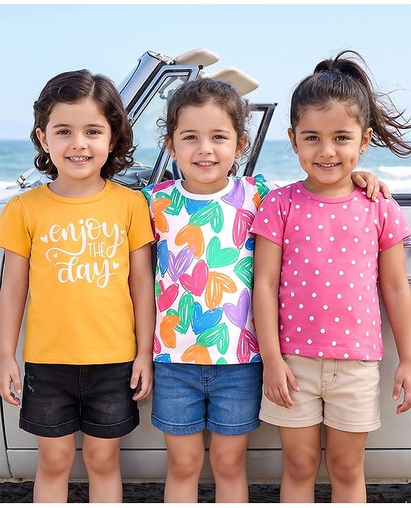 Babyhug 100% Cotton Knit Half Sleeves T-Shirts With Polka Dots Heart & Enjoy The Day Text Print Pack of 3 - Pink & White