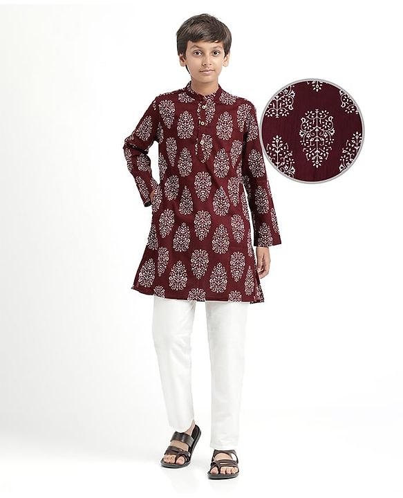 Pine Kids Cotton Woven Full Sleeves Kurta Pajama With Floral Print - Maroon & White