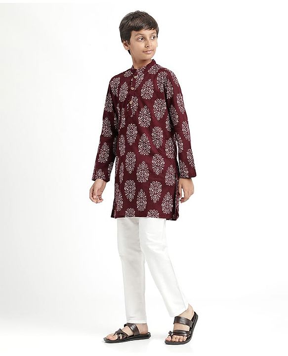 Pine Kids Cotton Woven Full Sleeves Kurta Pajama With Floral Print - Maroon & White