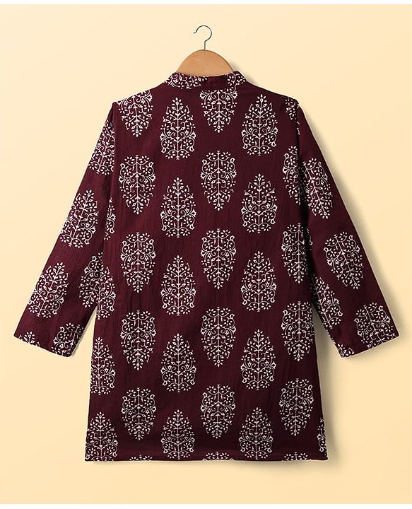 Pine Kids Cotton Woven Full Sleeves Kurta Pajama With Floral Print - Maroon & White
