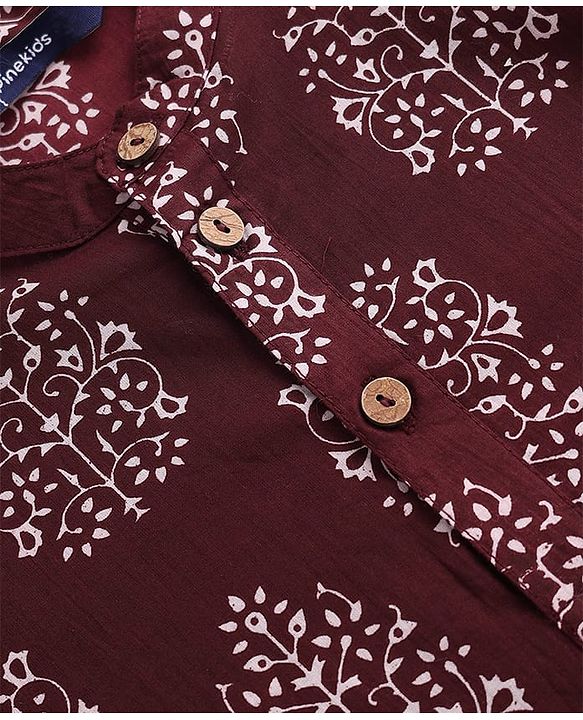 Pine Kids Cotton Woven Full Sleeves Kurta Pajama With Floral Print - Maroon & White