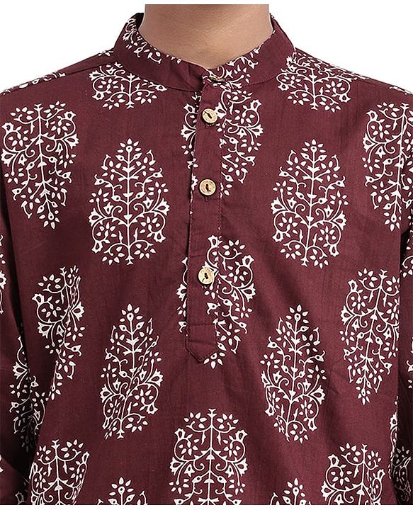 Pine Kids Cotton Woven Full Sleeves Kurta Pajama With Floral Print - Maroon & White