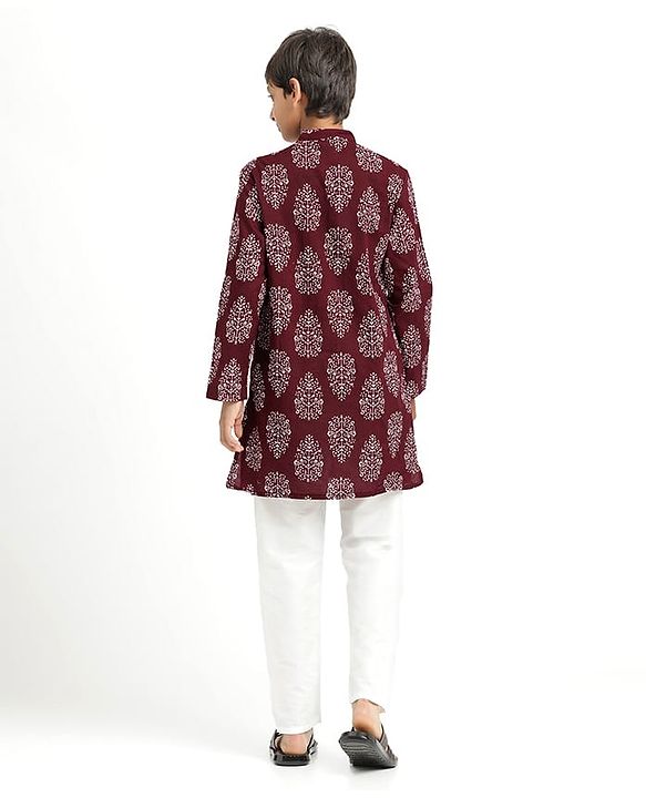 Pine Kids Cotton Woven Full Sleeves Kurta Pajama With Floral Print - Maroon & White