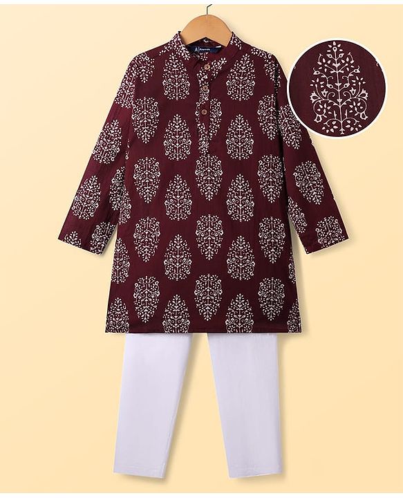 Pine Kids Cotton Woven Full Sleeves Kurta Pajama With Floral Print - Maroon & White