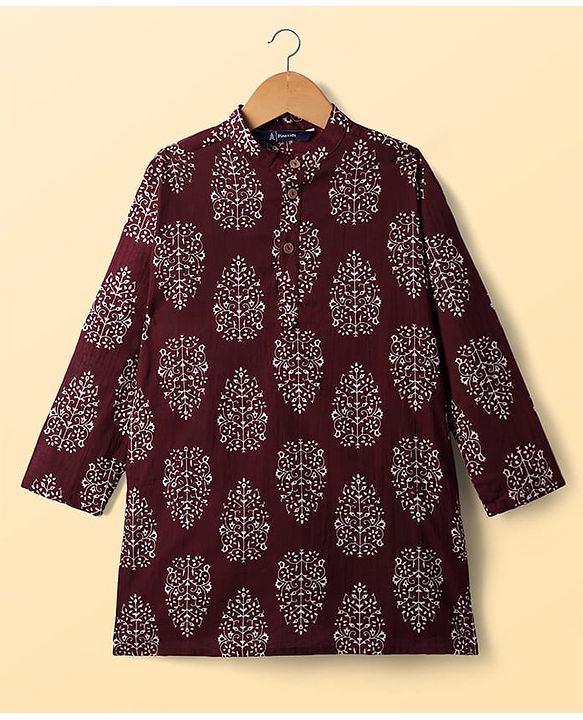 Pine Kids Cotton Woven Full Sleeves Kurta Pajama With Floral Print - Maroon & White