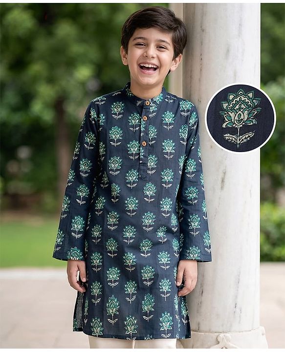 Pine Kids Cotton Woven Full Sleeves Kurta With Floral Print - Navy Blue