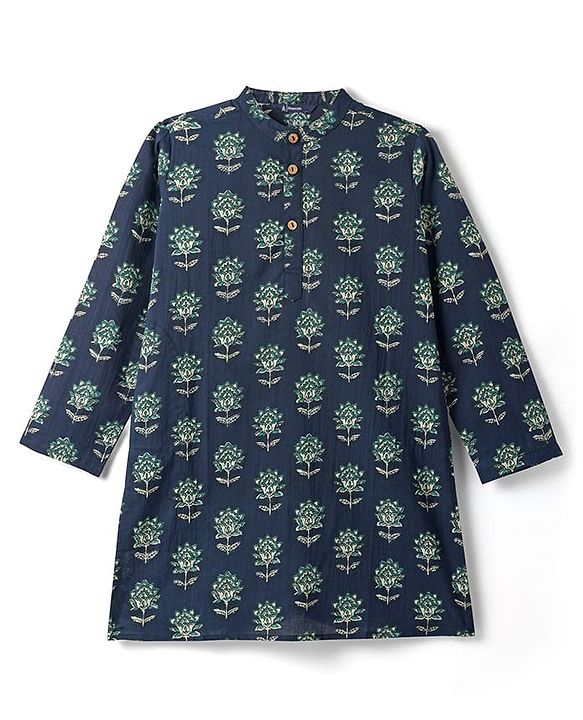Pine Kids Cotton Woven Full Sleeves Kurta With Floral Print - Navy Blue
