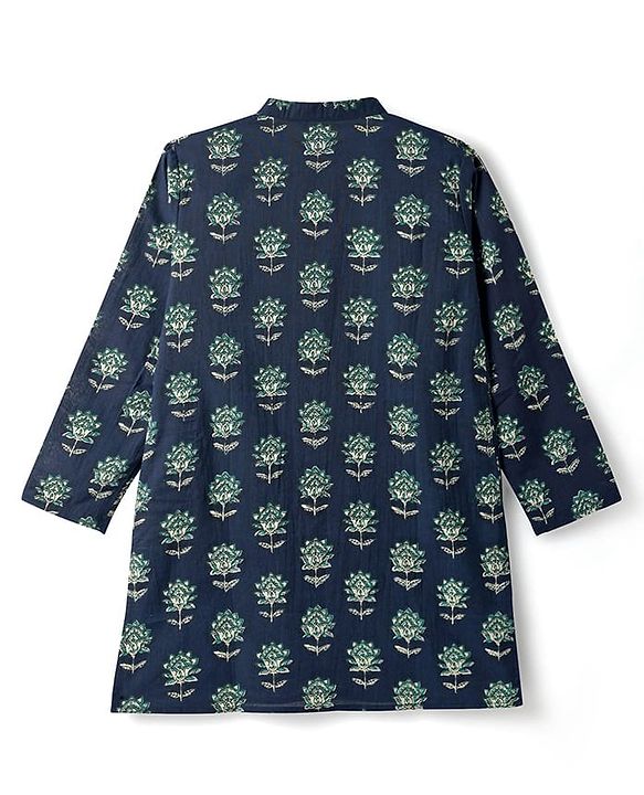 Pine Kids Cotton Woven Full Sleeves Kurta With Floral Print - Navy Blue