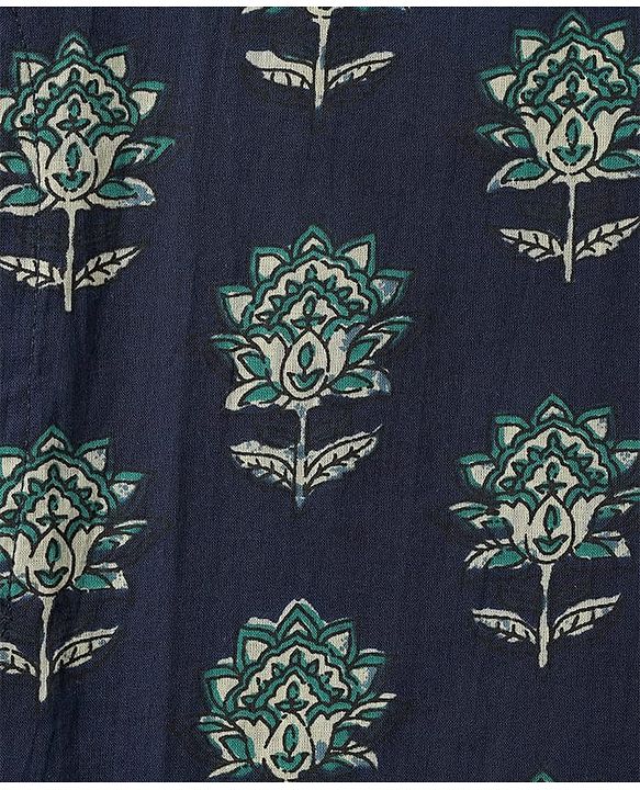 Pine Kids Cotton Woven Full Sleeves Kurta With Floral Print - Navy Blue