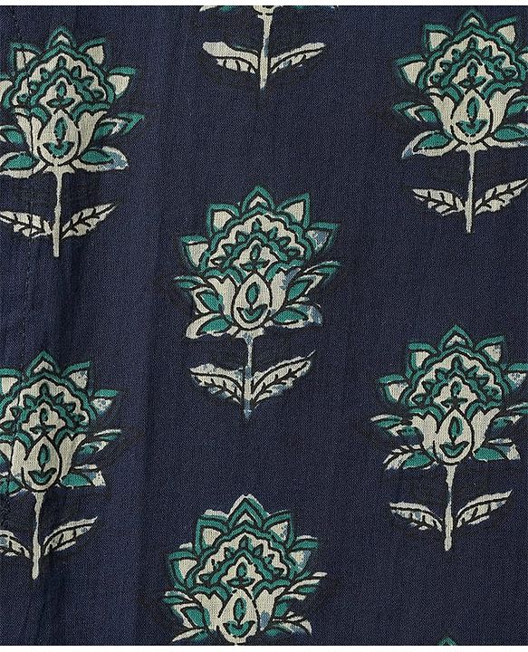 Pine Kids Cotton Woven Full Sleeves Kurta With Floral Print - Navy Blue