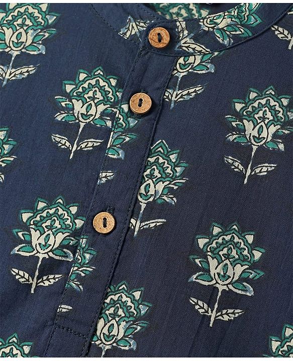 Pine Kids Cotton Woven Full Sleeves Kurta With Floral Print - Navy Blue