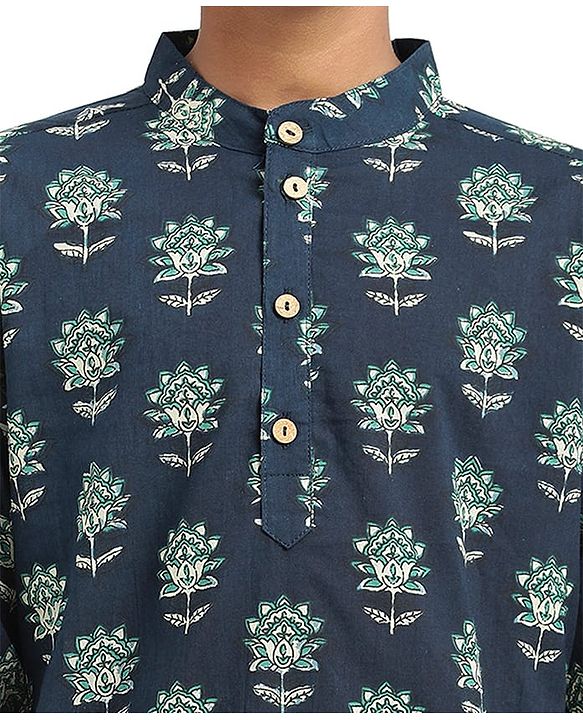 Pine Kids Cotton Woven Full Sleeves Kurta With Floral Print - Navy Blue
