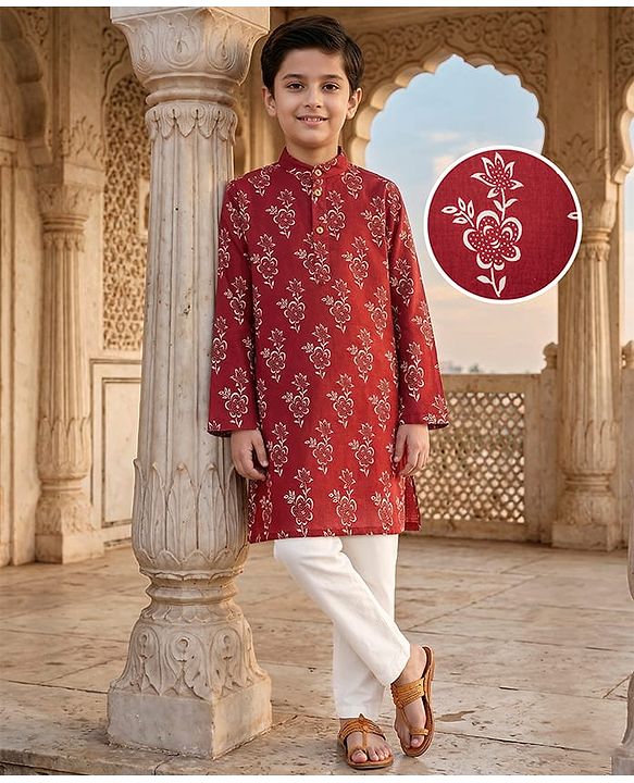 Pine Kids Cotton Woven Full Sleeves Kurta Pyjama Set Floral Print - Maroon