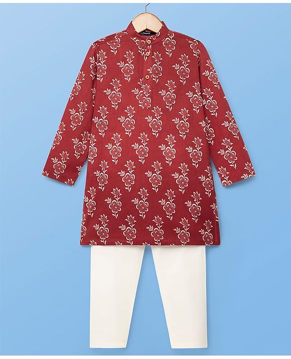 Pine Kids Cotton Woven Full Sleeves Kurta Pyjama Set Floral Print - Maroon