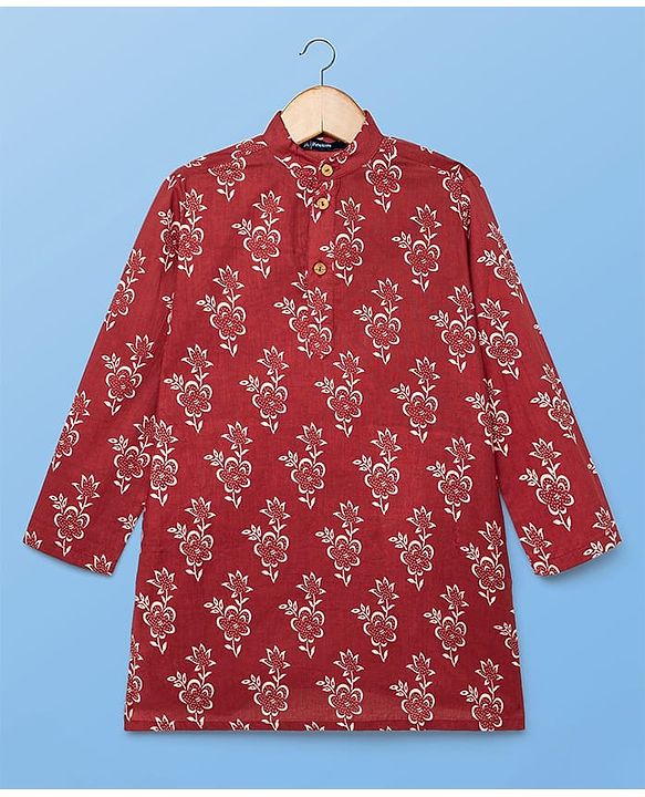 Pine Kids Cotton Woven Full Sleeves Kurta Pyjama Set Floral Print - Maroon