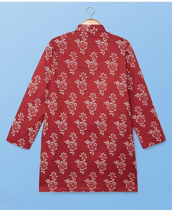 Pine Kids Cotton Woven Full Sleeves Kurta Pyjama Set Floral Print - Maroon