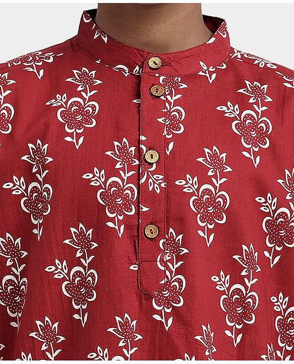 Pine Kids Cotton Woven Full Sleeves Kurta Pyjama Set Floral Print - Maroon
