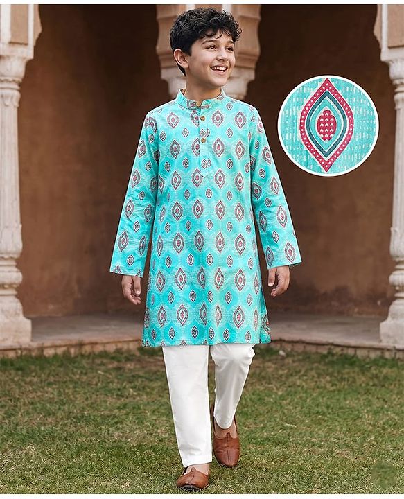 Pine Kids Cotton Woven Full Sleeves Kurta Pajama Set with Ethnic Motif Print - Aqua Blue & White