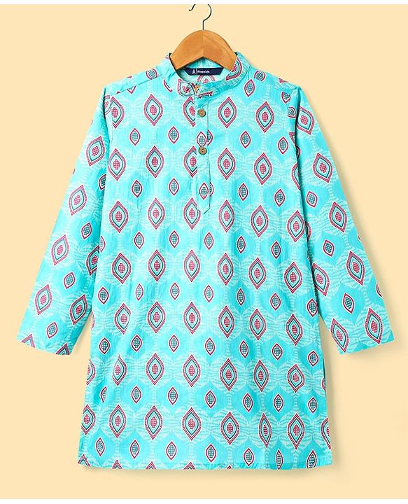 Pine Kids Cotton Woven Full Sleeves Kurta Pajama Set with Ethnic Motif Print - Aqua Blue & White