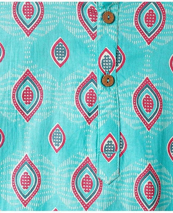 Pine Kids Cotton Woven Full Sleeves Kurta Pajama Set with Ethnic Motif Print - Aqua Blue & White