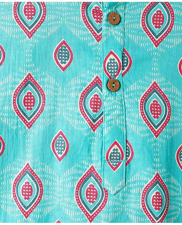 Pine Kids Cotton Woven Full Sleeves Kurta Pajama Set with Ethnic Motif Print - Aqua Blue & White