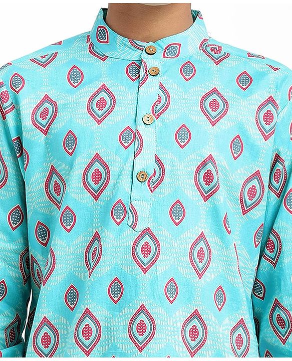 Pine Kids Cotton Woven Full Sleeves Kurta Pajama Set with Ethnic Motif Print - Aqua Blue & White
