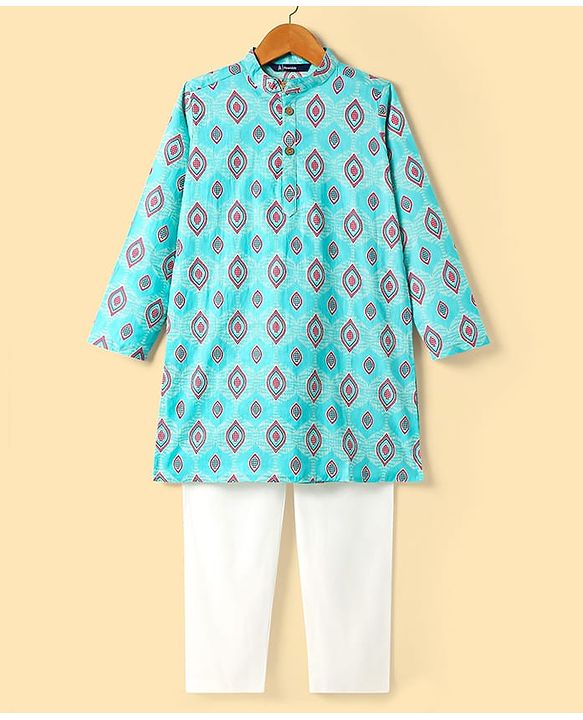Pine Kids Cotton Woven Full Sleeves Kurta Pajama Set with Ethnic Motif Print - Aqua Blue & White