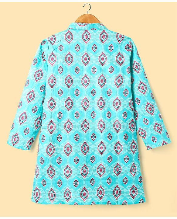 Pine Kids Cotton Woven Full Sleeves Kurta Pajama Set with Ethnic Motif Print - Aqua Blue & White