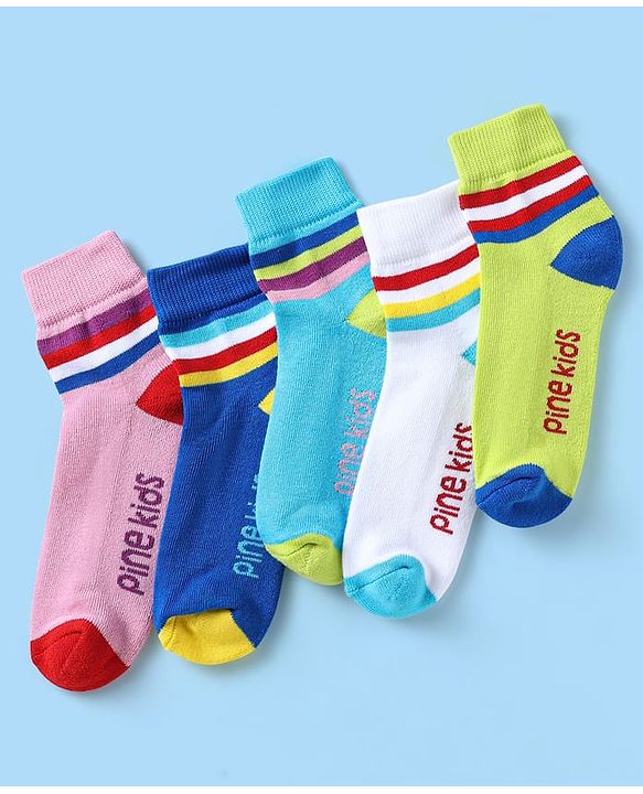 Pine Kids Knit Ankle Length Silvadur Antimicrobial Socks with Stripe Design Pack of 5 - Multicolor