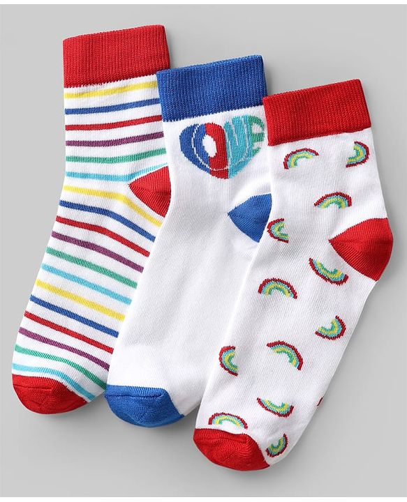 Pine Kids Knit Ankle Length Striped Socks With Rainbow & Heart Design Pack of 3 (Color May Vary)