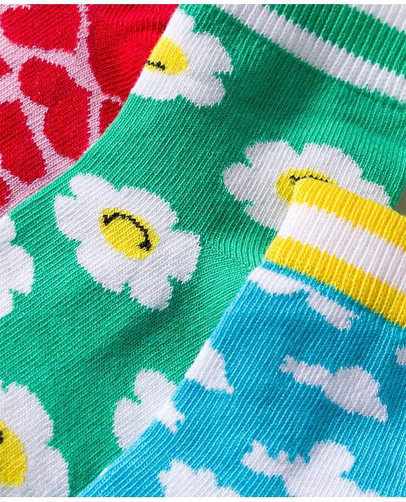 Pine Kids Knit Ankle Length Socks with Floral & Heart Design Pack of 3 (Color May Vary)