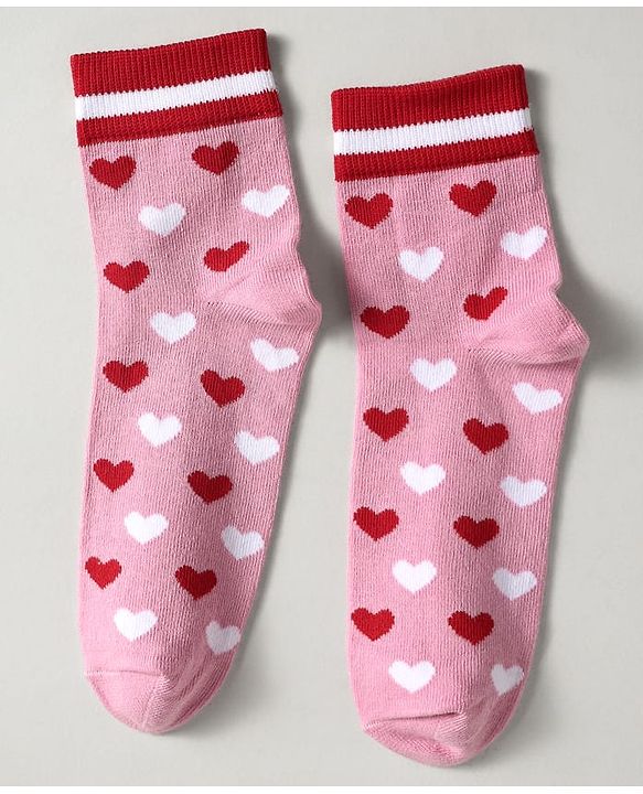 Pine Kids Knit Ankle Length Silvadur Antimicrobial Socks with Strips & Heart Design Pack of 3 - Red & Pink