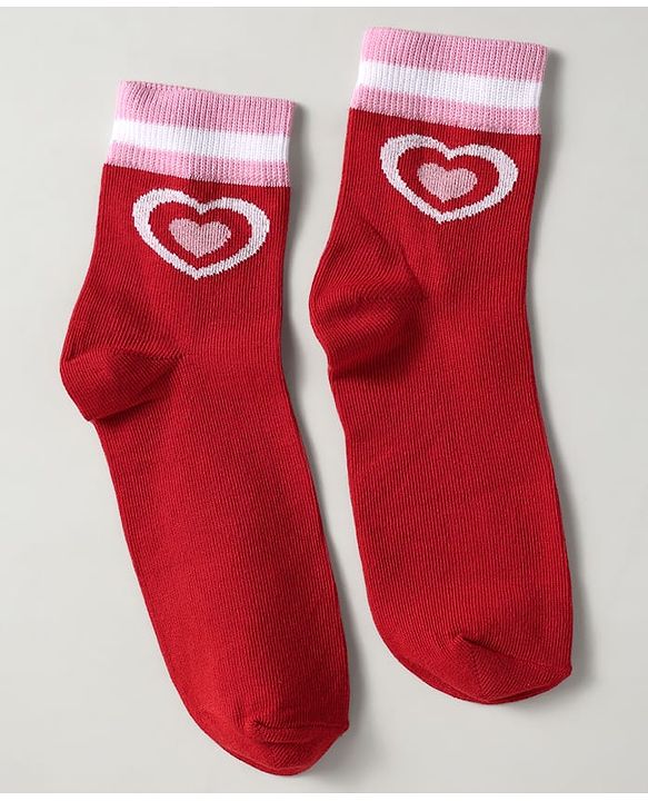Pine Kids Knit Ankle Length Silvadur Antimicrobial Socks with Strips & Heart Design Pack of 3 - Red & Pink