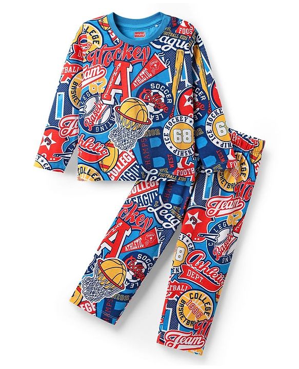 Babyhug Cotton Knit Full Sleeves Co-ords Night Suit With Basket Ball Print - Multicolour