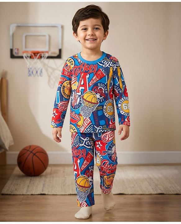 Babyhug Cotton Knit Full Sleeves Co-ords Night Suit With Basket Ball Print - Multicolour