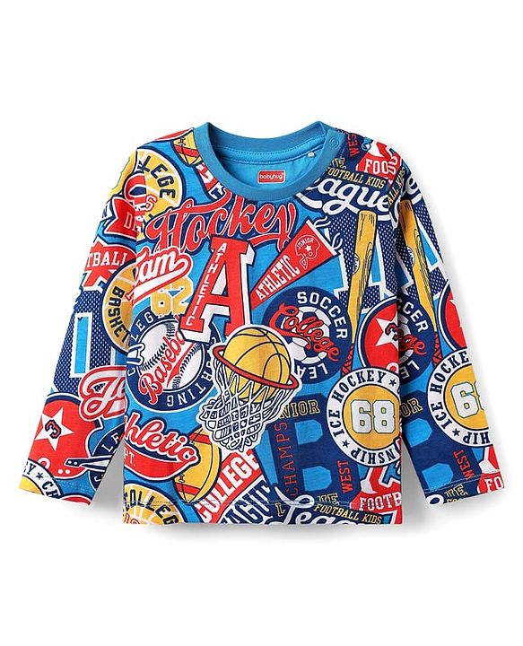 Babyhug Cotton Knit Full Sleeves Co-ords Night Suit With Basket Ball Print - Multicolour