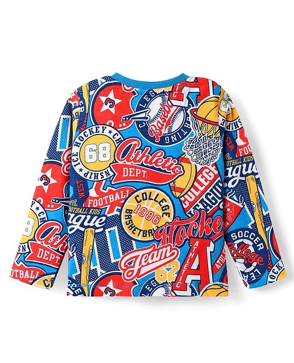 Babyhug Cotton Knit Full Sleeves Co-ords Night Suit With Basket Ball Print - Multicolour