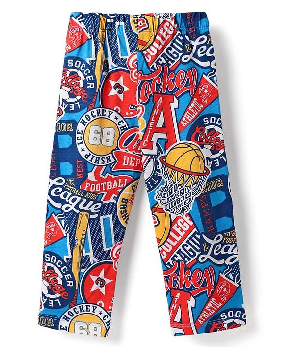 Babyhug Cotton Knit Full Sleeves Co-ords Night Suit With Basket Ball Print - Multicolour