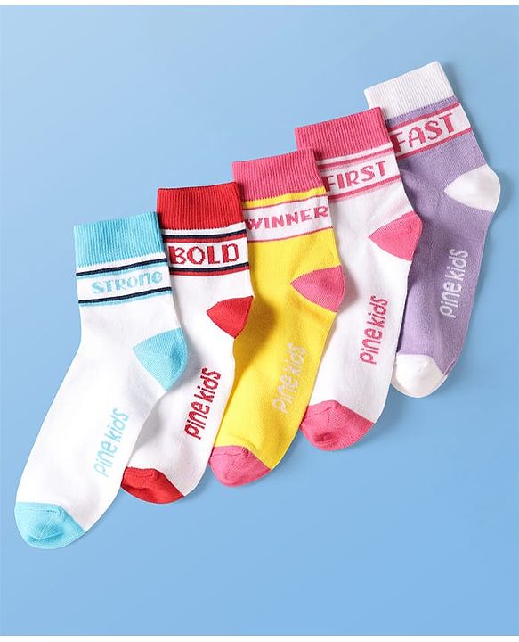 Pine Kids Cotton Knit Ankle Length Socks With Text Design Pack Of 5 ( Colour May Vary )