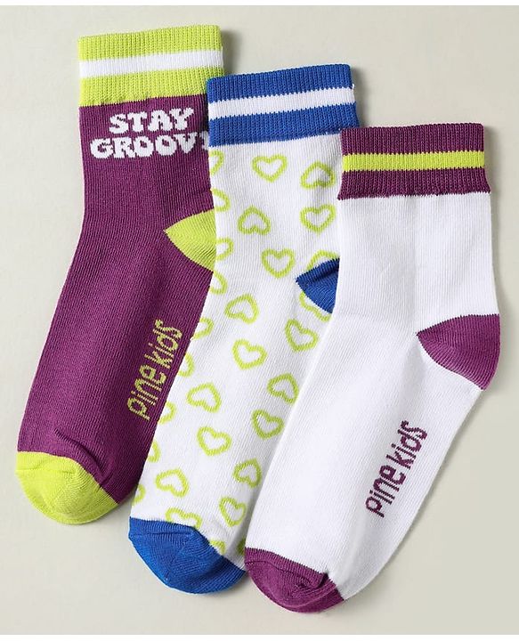 Pine Kids Knit Ankle Length Silvadur Antimicrobial Socks with Heart & Text Design Pack of 3 - Plum & White