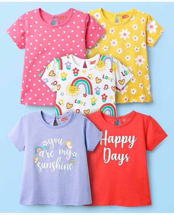 Babyhug 100% Cotton Knit Half Sleeves T-Shirts With Polka Dots & Floral Print Pack Of 5 - Pink Yellow & White