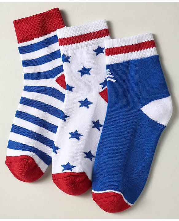 Pine Kids Knit Ankle Length Silvadur Antimicrobial Socks with Strips & Star Design Pack of 3 - Red Blue & White