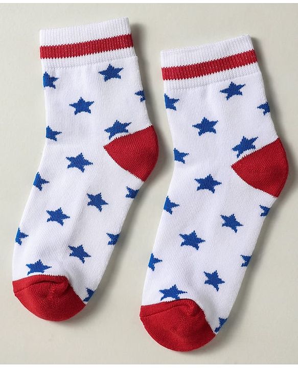 Pine Kids Knit Ankle Length Silvadur Antimicrobial Socks with Strips & Star Design Pack of 3 - Red Blue & White