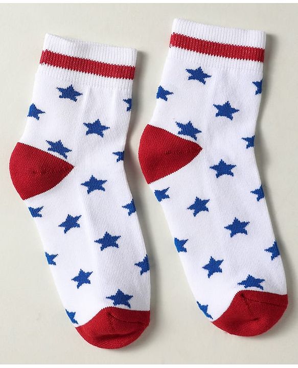 Pine Kids Knit Ankle Length Silvadur Antimicrobial Socks with Strips & Star Design Pack of 3 - Red Blue & White